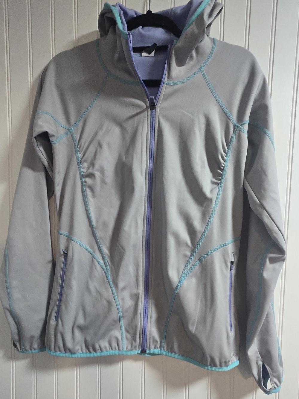 Merrell Light Gray Hooded Utility Jacket with Turquoise Accents